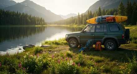 Adventurous car trip parked by a serene lake surrounded by mountains and lush greenery in the countryside.