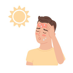 Man with heatstroke from sun and heat. Burn and red skin. Dehydration and thirsty boy in hot weather. Flat vector illustration