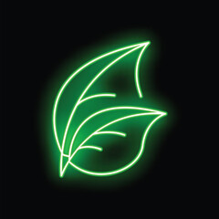 Green neon sign illustrating two leaves glowing on a black background
