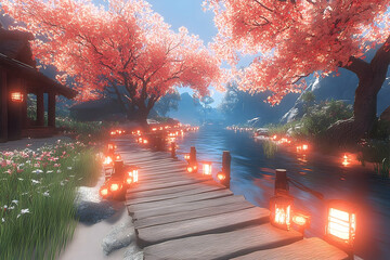 Serene boardwalk with lanterns under pink-blossomed trees, leading to a tranquil waterway in a lush environment