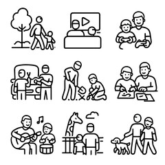 Obraz premium Weekend Activities Icons. Outline icon set of weekend activities with dad: going to the park, movie night, playing video games,