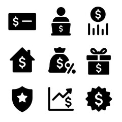 Income Sources Icons. Solid, filled icon set of income sources: paycheck, freelance icon, dividends, rental income, interest