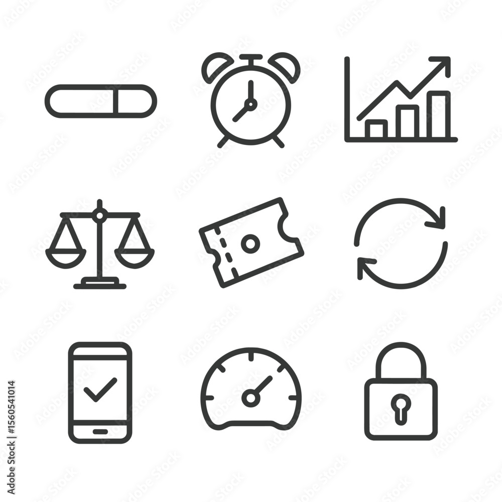 Poster workflow monitoring icons. outline icon set of distributed workflow monitoring: progress bar, deadli