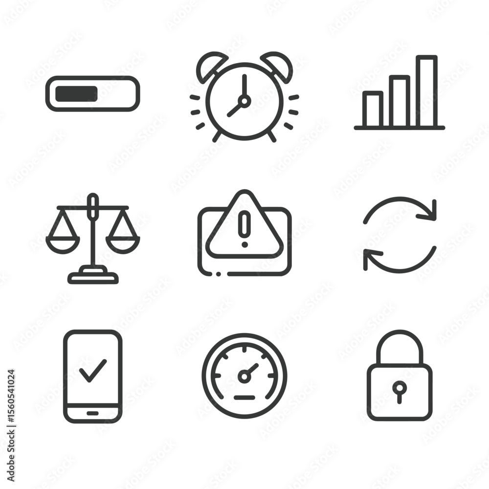 Poster workflow monitoring icons. outline icon set of distributed workflow monitoring: progress bar, deadli