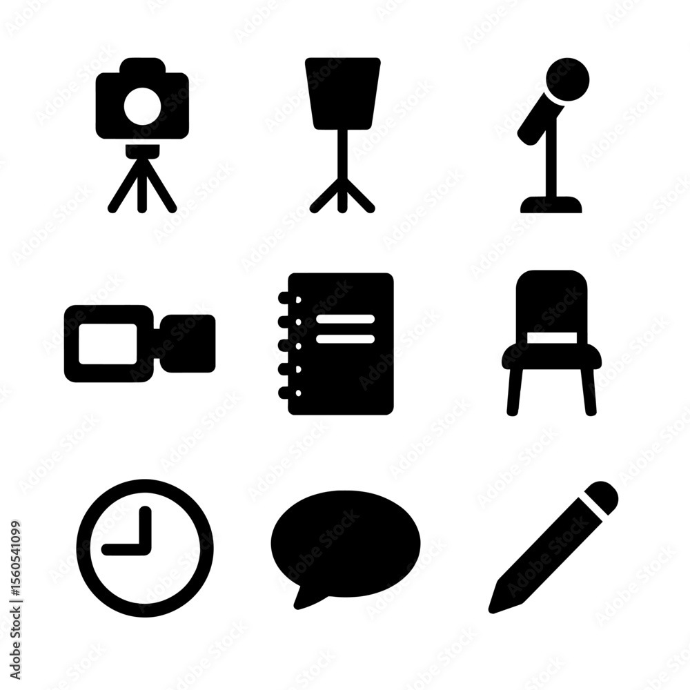 Aufkleber interview setup icons. solid, filled icon set of interview setup: camera tripod, light, microphone s