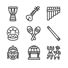 World Music Icons. Outline icon set of world music festival diversity: djembe drum, sitar instrument, pan flute, steel drum,