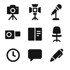 Interview Setup Icons. Solid, filled icon set of interview setup: camera tripod, light, microphone stand, video recorder, notebook