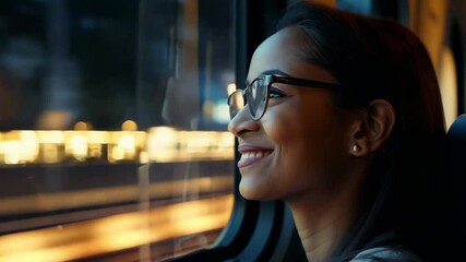 Thoughtful young African American woman with eyeglasses traveling by train. Lost in thought, he watches the changing scenery pass by, inspiring his creative mind.