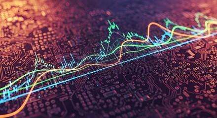 Vibrant digital waveforms flow across a complex circuit board, depicting dynamic data streams and technological processes.