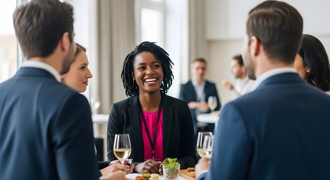 Joyful Business Professionals Networking, Sharing Drinks and Laughter at a Corporate Gathering. A vibrant atmosphere of connection and collaboration.
