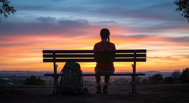 A solitary figure with a backpack sits on a bench, gazing at the vibrant sunset over a distant cityscape.