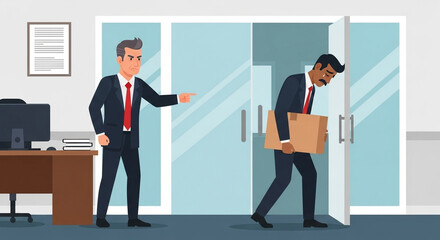 A fired employee leaving the office with a box after being dismissed by his angry boss. The scene depicts job loss, unemployment, and the stress of termination in a corporate environment. 