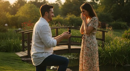Romantic proposal in a garden setting: man on bended knee offering ring to surprised woman in floral dress.
