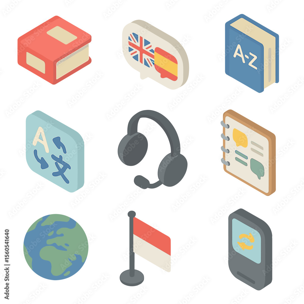 Poster language icon set. isometric flat icon set of language exchange practice: language textbook, speech 