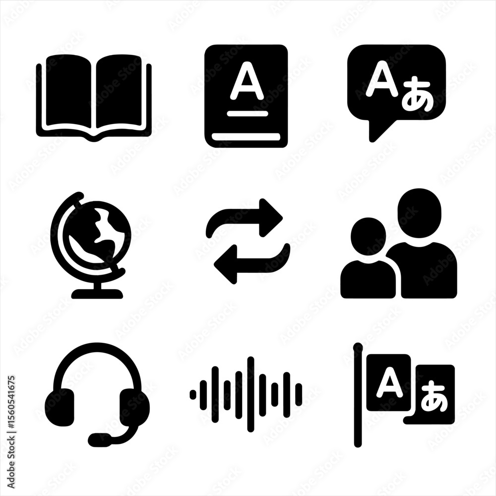 Poster language learning icon set. solid, filled icon set of language learning dialogue: open book, diction