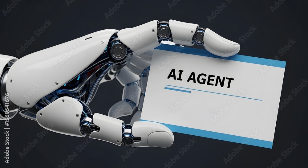 Poster robotic hand extends a card, presenting the title ai agent. a futuristic concept image showcasing te