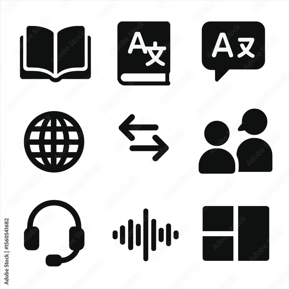 Poster language learning icon set. solid, filled icon set of language learning dialogue: open book, diction