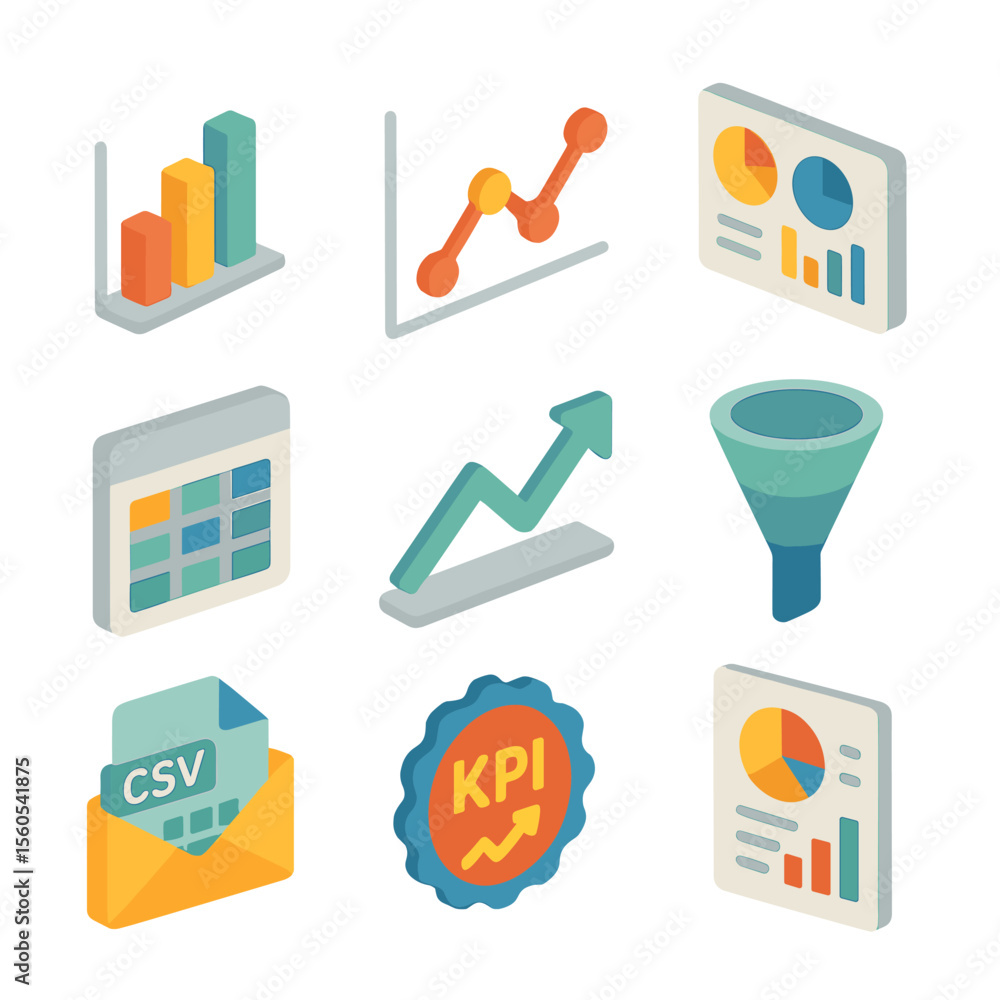 Poster learning analytics icons. isometric flat icon set of learning analytics: bar chart, line graph, dash