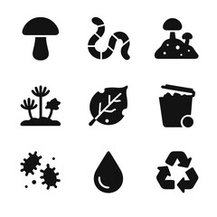 Leaf Decay Icons. Solid, filled icon set of leaf decay and compost: mushroom, earthworm, soil, fungus, leaf mold, compost bin,