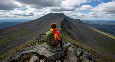 Fototapeta premium Hiker on a rocky mountain ridge gazes at the vast mountain range and cloudy skies above during a scenic hike.