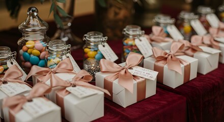 Obraz premium Candy and gift boxes for party favors with ribbon and tags on a dark red surface.