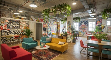 Fototapeta premium Eclectic office space with colorful wall murals, vibrant furniture, and indoor plants creating a lively atmosphere.