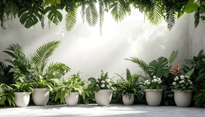 A vibrant collection of potted plants in various sizes and shapes, arranged on a rustic wooden surface, showcasing lush green leaves and colorful blooms.