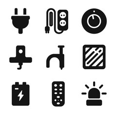 Lighting Accessories Icons. Solid, filled icon set of lighting accessories: plug adapter, extension cord, dimmer knob, remote