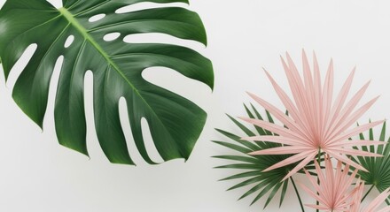 Tropical Monstera Leaf and Palm Fronds with Pink Flowers