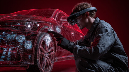 Mechanic repairing a vehicle using a projected digital manual from a headset, holograms of car parts and error diagnostics hovering. Deep red background.