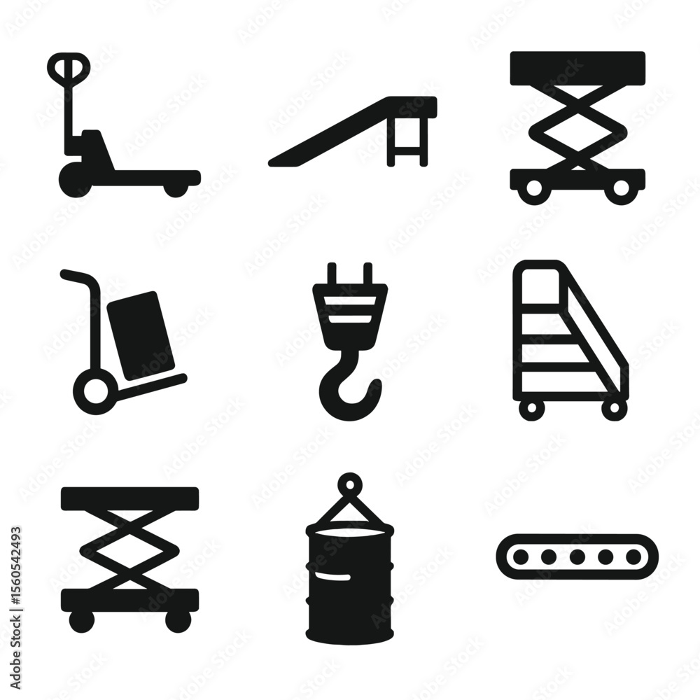 Poster material handling icons. solid, filled icon set of material handling equipment: pallet jack, loading