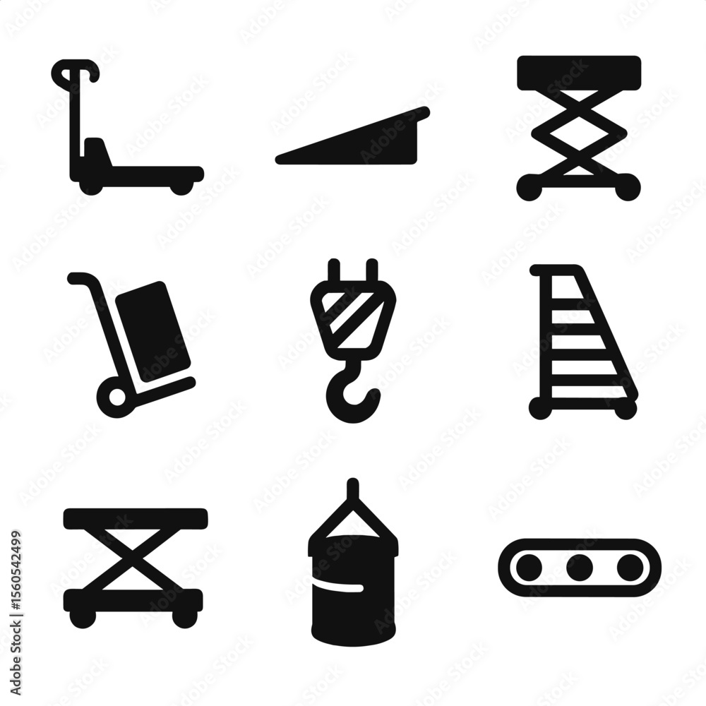 Poster material handling icons. solid, filled icon set of material handling equipment: pallet jack, loading