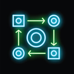 Abstract neon illustration representing a data processing algorithm with arrows pointing at circles and squares