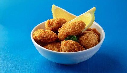 crispy golden fried chicken bites served in a white bowl with lemon wedges on bright blue background perfect for snack or appetizer imagery