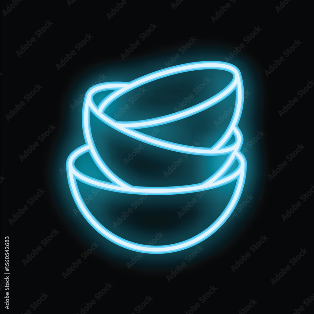 Poster glowing blue neon sign of empty bowls stacked on top of each other, creating a bright and eye catchi