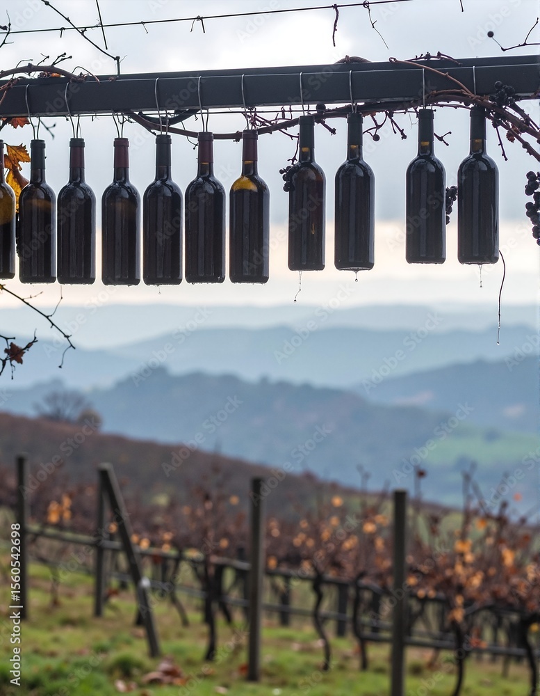 Poster a cluster of elegant wine bottles suspended from a rustic wooden wall, showcasing a variety of label