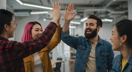 Diverse team celebrates success with a high-five gesture in a modern office environment.