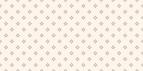 Obraz na płótnie Canvas Simple minimalist background. Vector geometric seamless pattern with tiny diamond shapes, stars, flowers. Subtle black and white shiny abstract texture. Elegant minimal design for decor, wallpaper