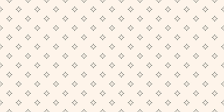Simple minimalist background. Vector geometric seamless pattern with tiny diamond shapes, stars, flowers. Subtle black and white shiny abstract texture. Elegant minimal design for decor, wallpaper