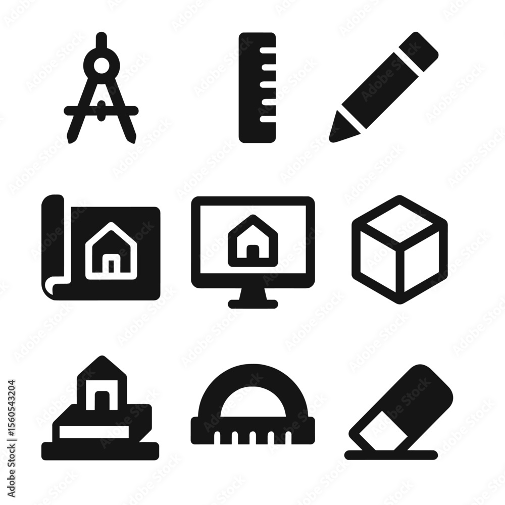 Poster minimalist design tools. solid, filled icon set of minimalist building design tools: drafting compas