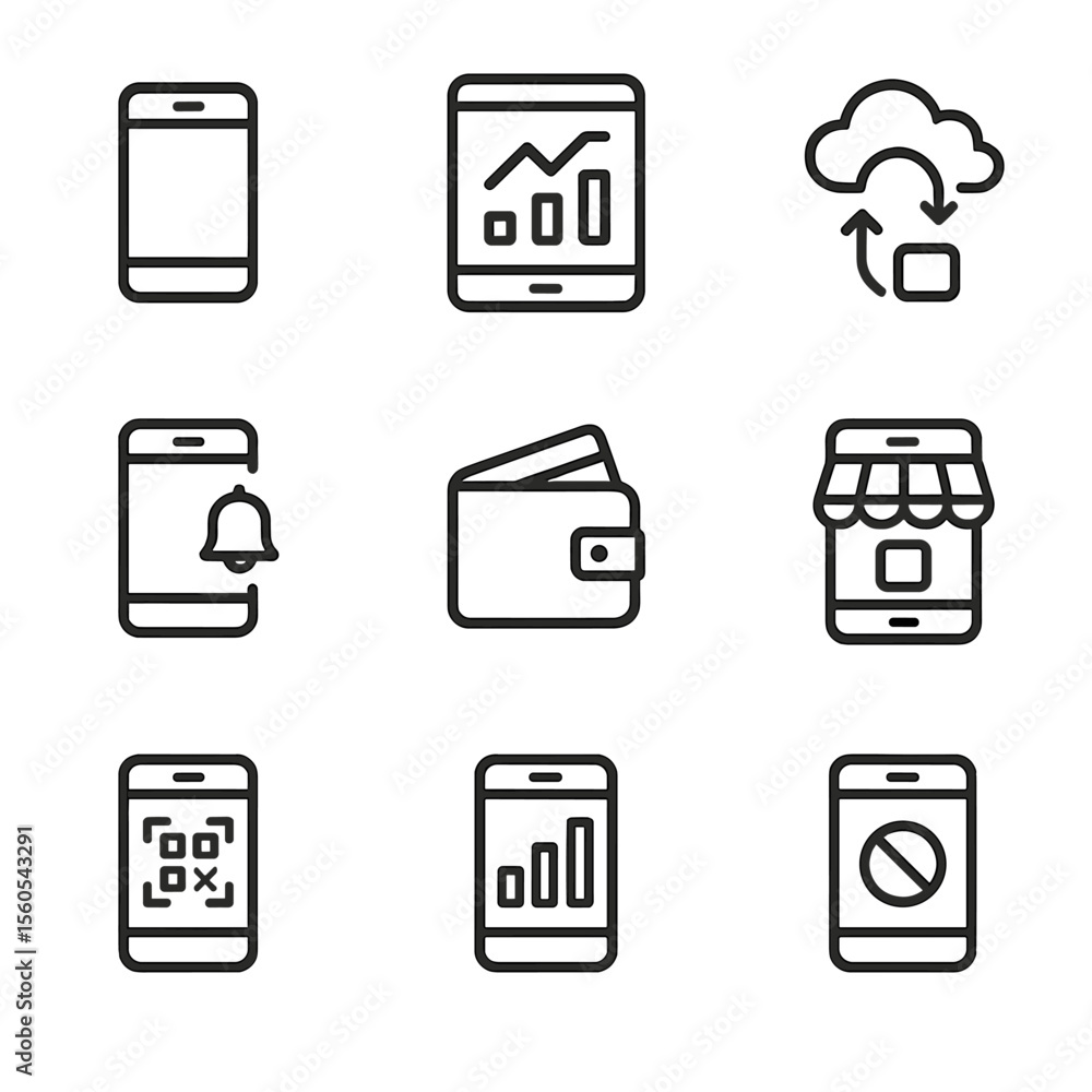 Poster mobile app icons. outline icon set of mobile business applications: smartphone with app, tablet with