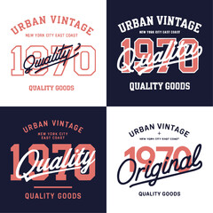 Bold urban vintage quality tees 1970 apparel badge logo set featuring retro 1972 original typography and shield emblem design ideal for streetwear branding, casual fashion, lifestyle merch