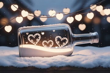 Glass bottle with glowing hearts in snow surrounded by heart-shaped string lights creating romantic winter atmosphere for love concept