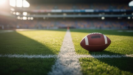 A football rests on the vibrant green field of an empty stadium, bathed in warm sunlight.
