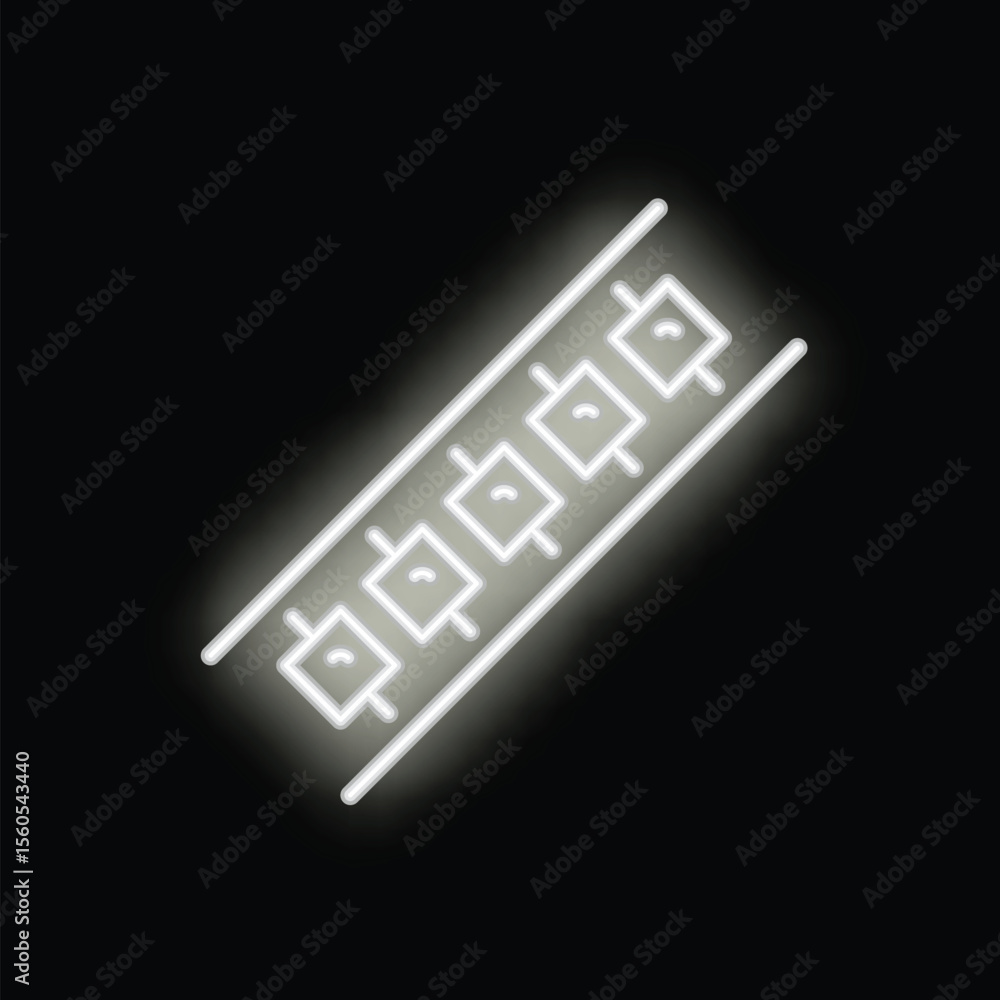Poster white neon ram memory icon glowing on dark background, symbol of data storage and computer component