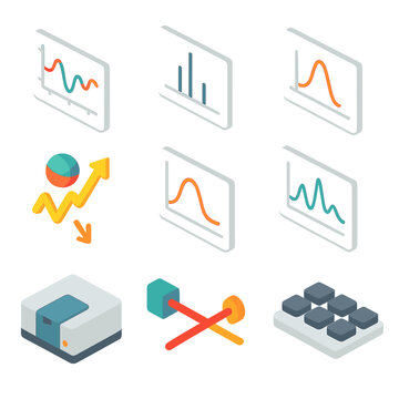 Molecular Icon Grid. Isometric Flat icon set of spectroscopic molecular analysis: infrared spectrum graph, NMR spectrum, mass