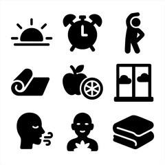 Morning Yoga Icons. Solid, filled icon set of morning yoga rituals: sunrise, alarm clock, stretching figure, rolled mat, fresh