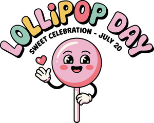 Lollipop day sticker illustration with smiling candy and cheerful arms for cute sweet celebration july 20  