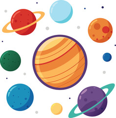 Clean and simple illustration of the solar system against a white background with colorful planets and orbits © MD Abdul