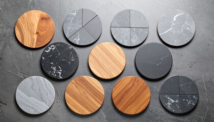 Naklejka premium Various round coasters made of wood and stone arranged on a dark surface showcasing textures